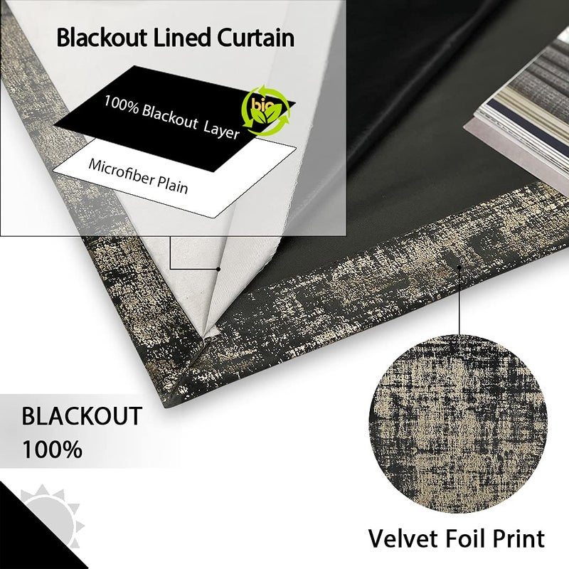 always4u 100% Blackout Soft Velvet Curtains for Bedroom Living Room Thermal Energy Saving 95 Inches Long Luxury Gold Foil Print Drapes 2 Panels Charcoal Grey - Image 2